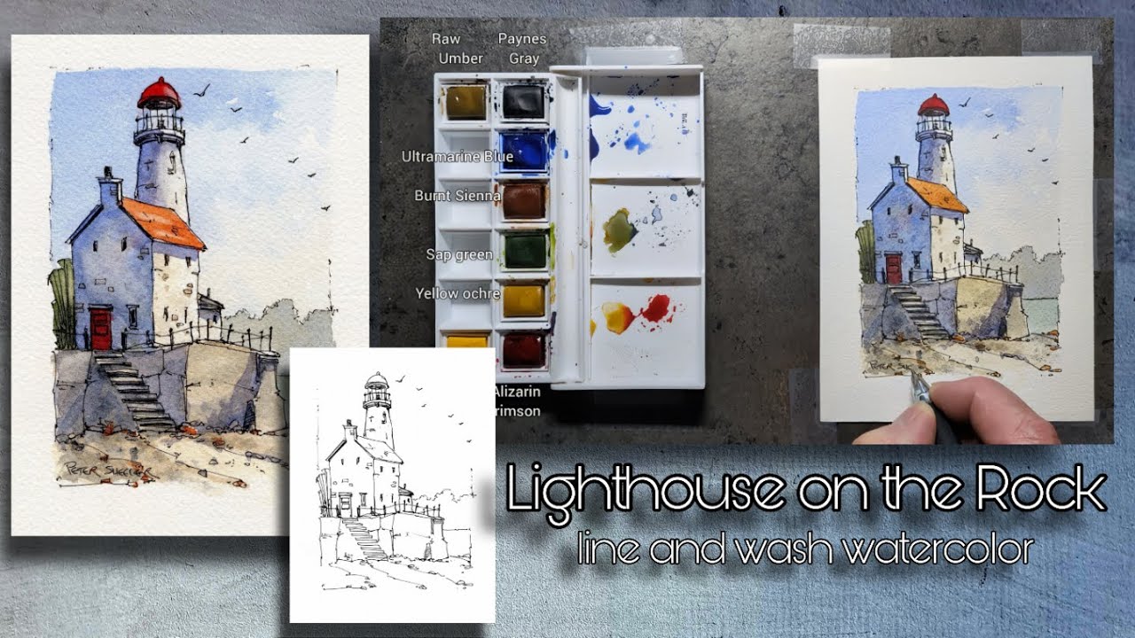 Lighthouse on the Rocks,  Line and Wash Watercolor. Great for beginners, Peter Sheeler, sheelerart