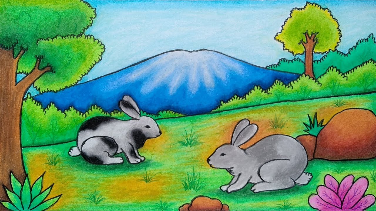 Menggambar pemandangan alam dan kelinci || Cara menggambar dan mewarnai kelinci || Menggambar gunung