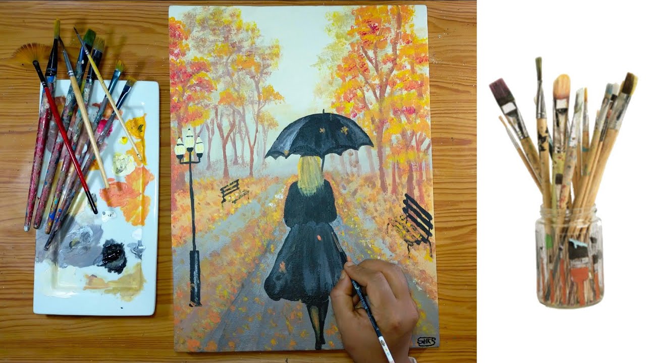 رسم امراة تمشي في الشارع اثناء فصل الخريف #101 autumn walk women with umbrella
