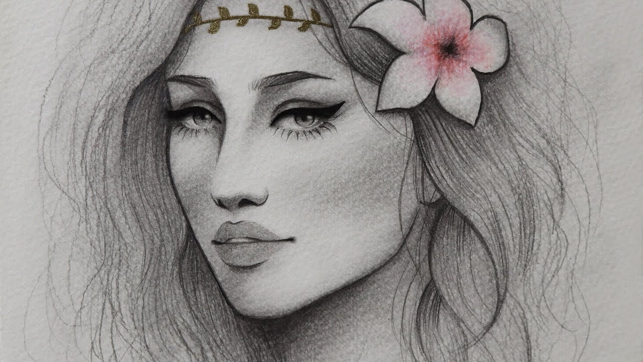 تعلم الرسم بالرصاص : كيف ترسم بورتريه فتاه للمبتدئين ~ رسم وجه مع طوق ذهبي و ورد