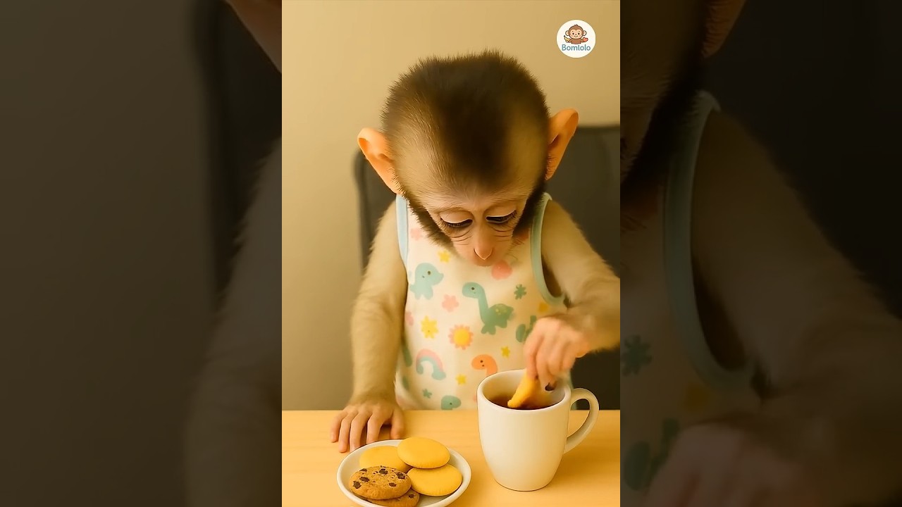 baby monkey eating biscuit with cup of tea ☕