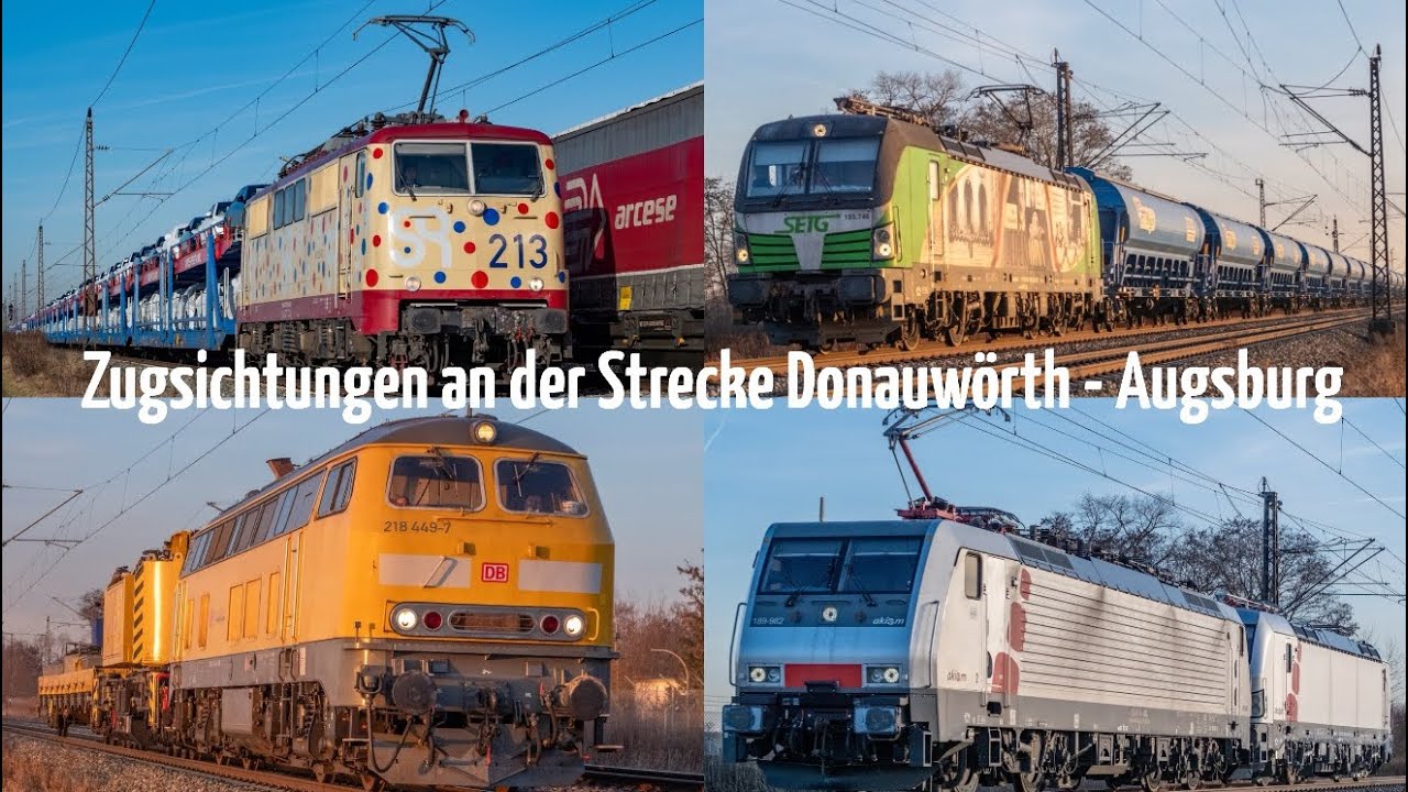 Zugsichtungen in winterlichem Abendlicht mit einigeh Highlights an der Strecke Donauwörth - Augsburg