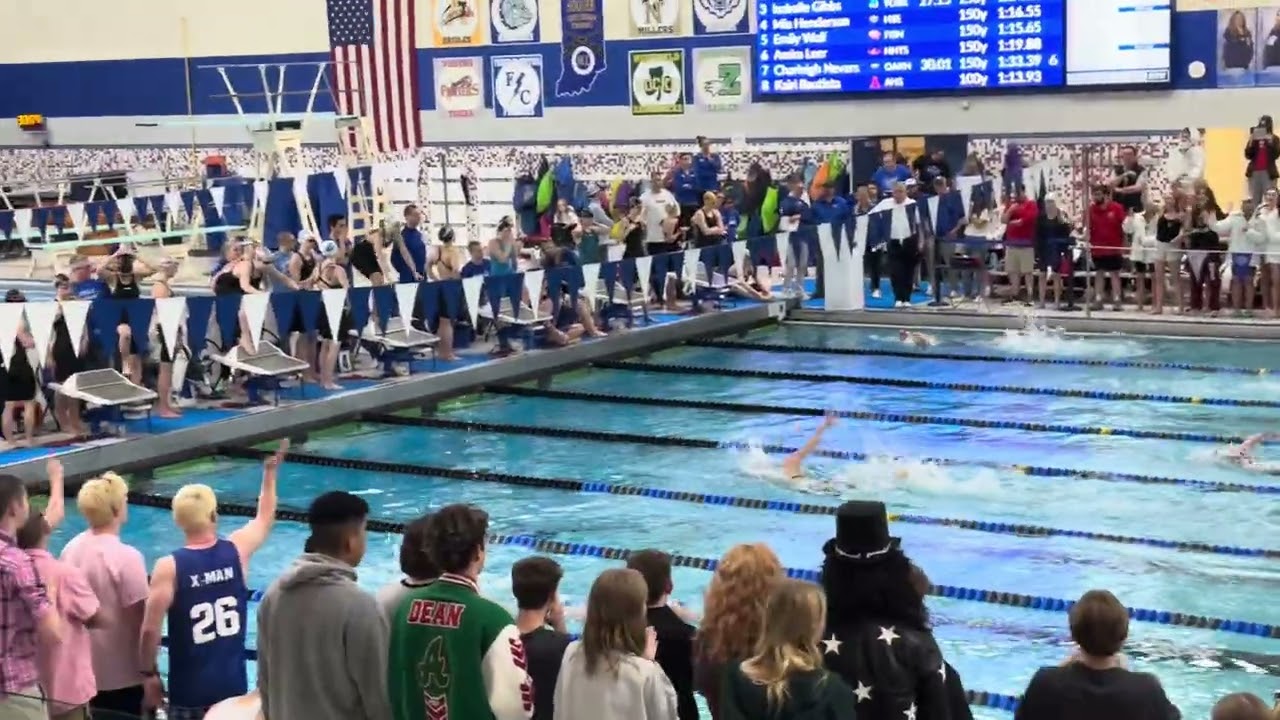 2-7-26 ihsaa sectional finals. 400 free relay.  Avery goes 3rd. Lane 5. (Lane 8 closest to camera)