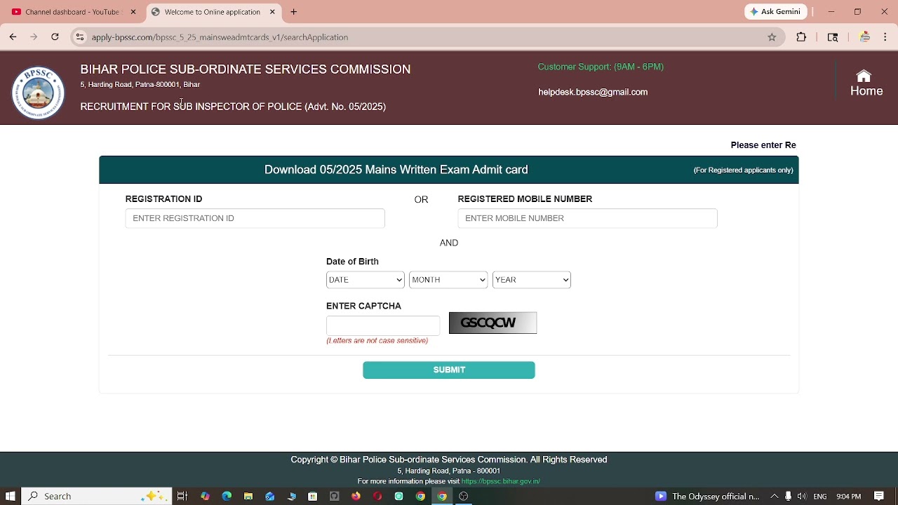 Bihar Police SI Mains Admit Card 2026 - Out