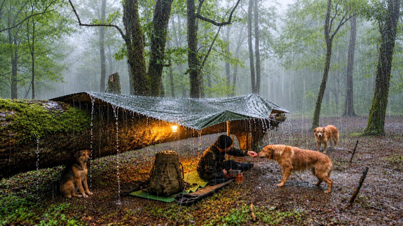 Camping in the Rain Under a Fallen Tree | Camping with Guest Dogs in the Rain
