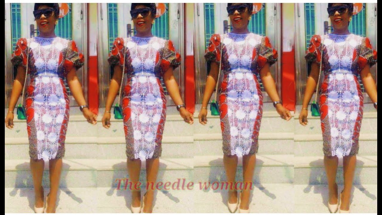 How to combine Ankara and lace fabric to make a fitted short gown with a circle puffed sleeves.