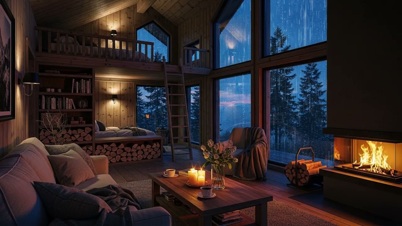 Thunderstorm with Lightning, Rain, Crackling Fireplace & Sleeping Cats in a Cozy Cabin