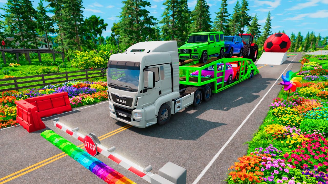 Flatbed Truck McQueen|Transportation with Truck Crazy Obstacles & Crash Pothole vs Cars #beamngdrive