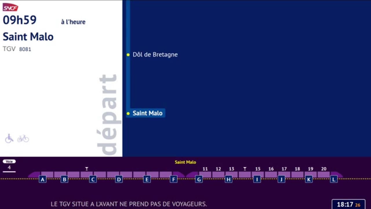 Annonce SNCF TGV 8625 (Paris-Brest) et TGV 8081 (Paris-Saint Malo)