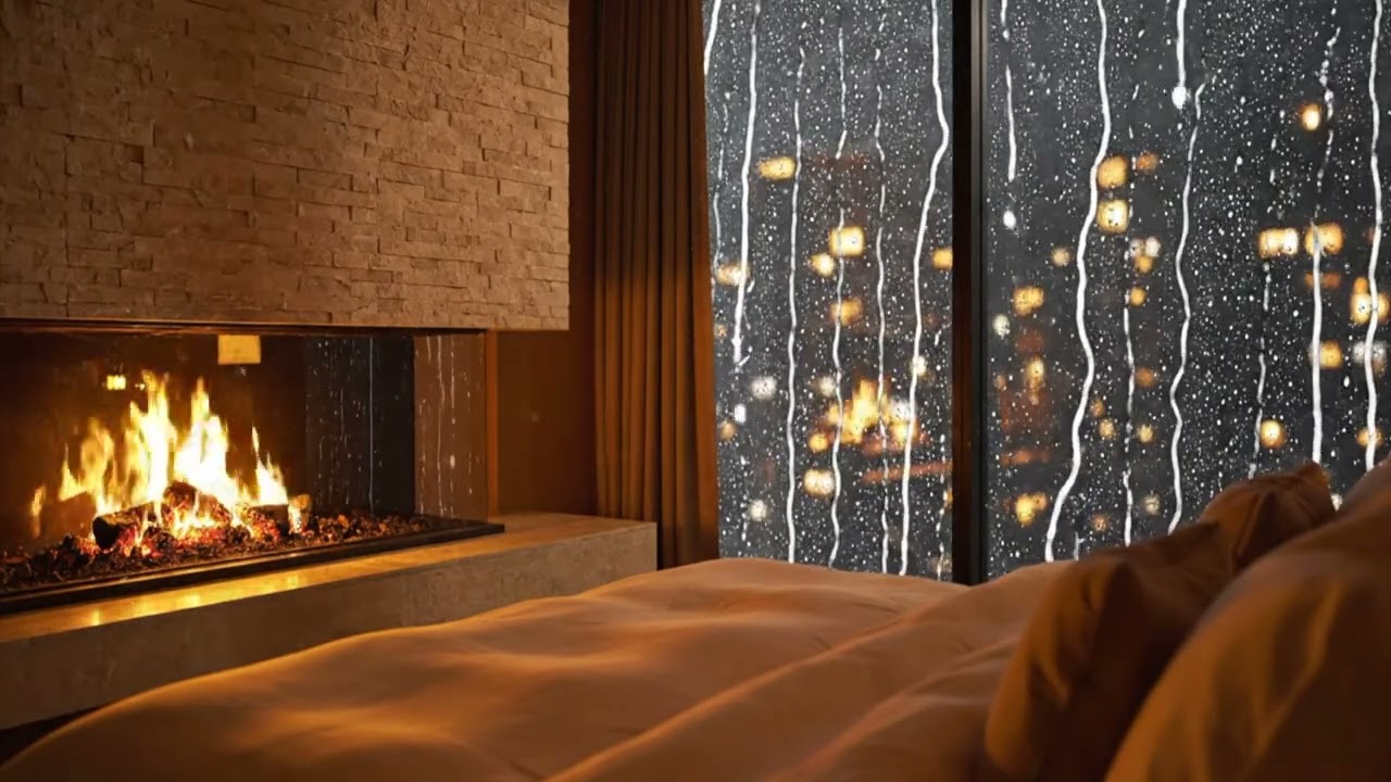 Cozy Bedroom Rain & Fireplace 🔥🌧️ | 3 Hours Sleep, Relax & Study Ambience (4K)