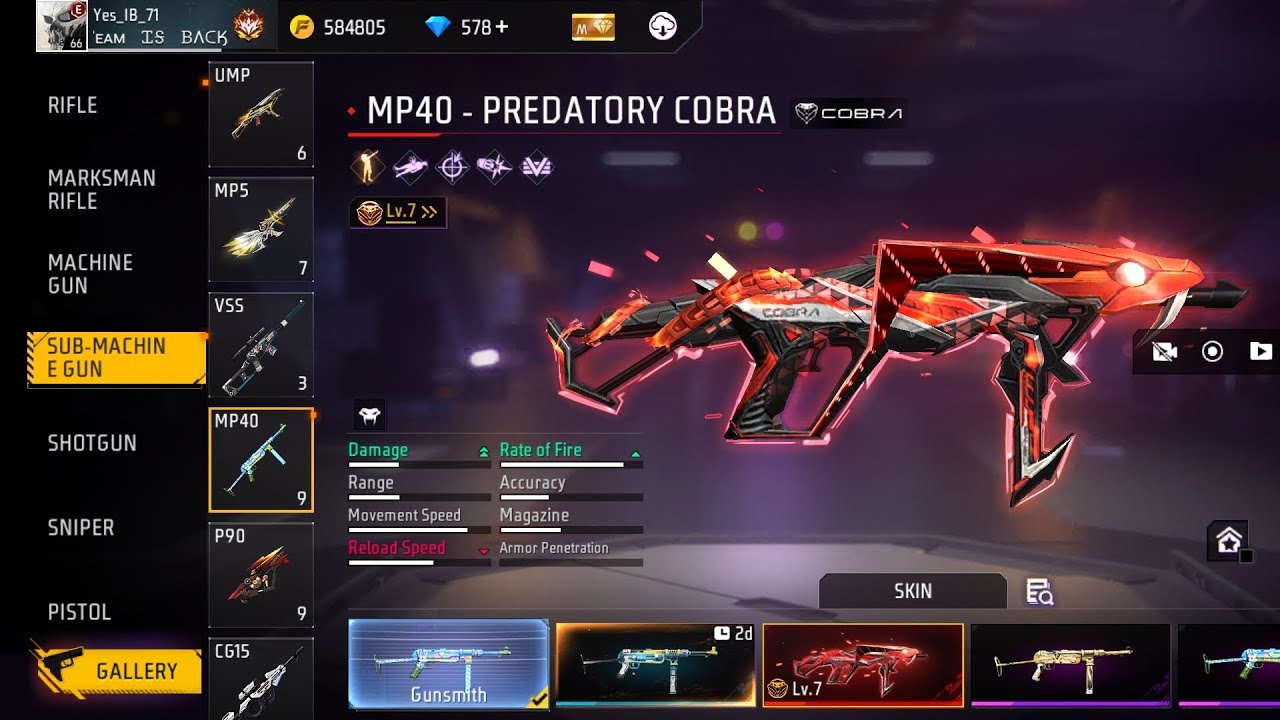 Max Cobra MP40 in free fire !! 🔥  world free fire richest ID