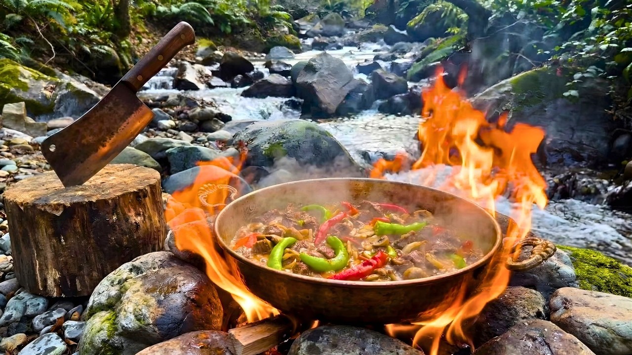 Cooking Beef & Mushrooms in a Copper Pan by the Stream | ASMR Wilderness Cooking [4K]