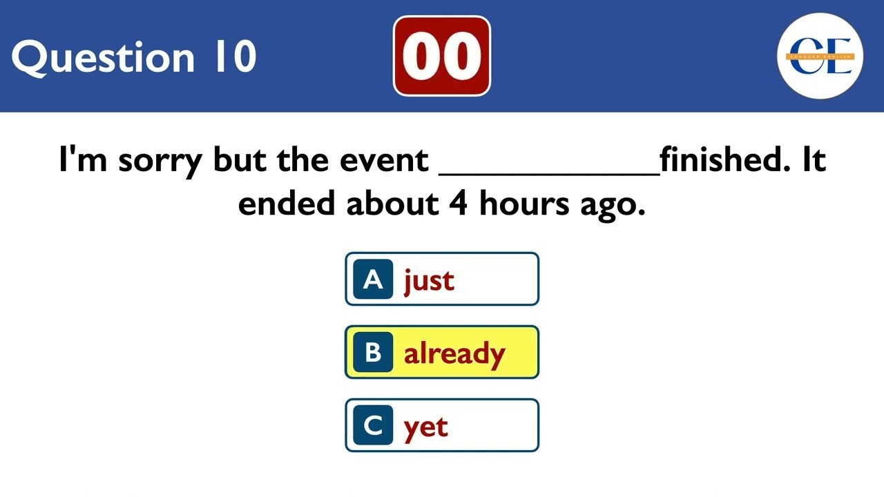 Present Perfect Tense Quiz | Just Already Yet Quiz  | English Grammar Test | Level Beginner
