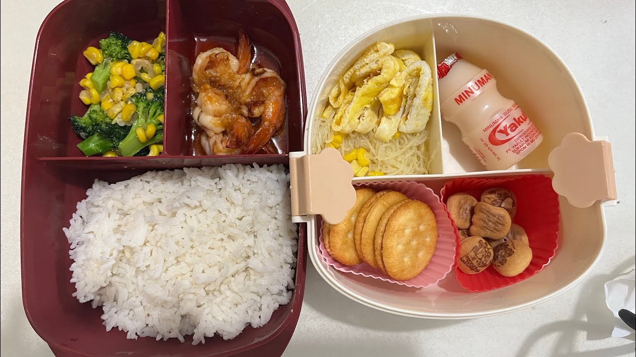 Bihun goreng, tumis brokoli jagung dan udang pedas manis mentega dan packing bekal