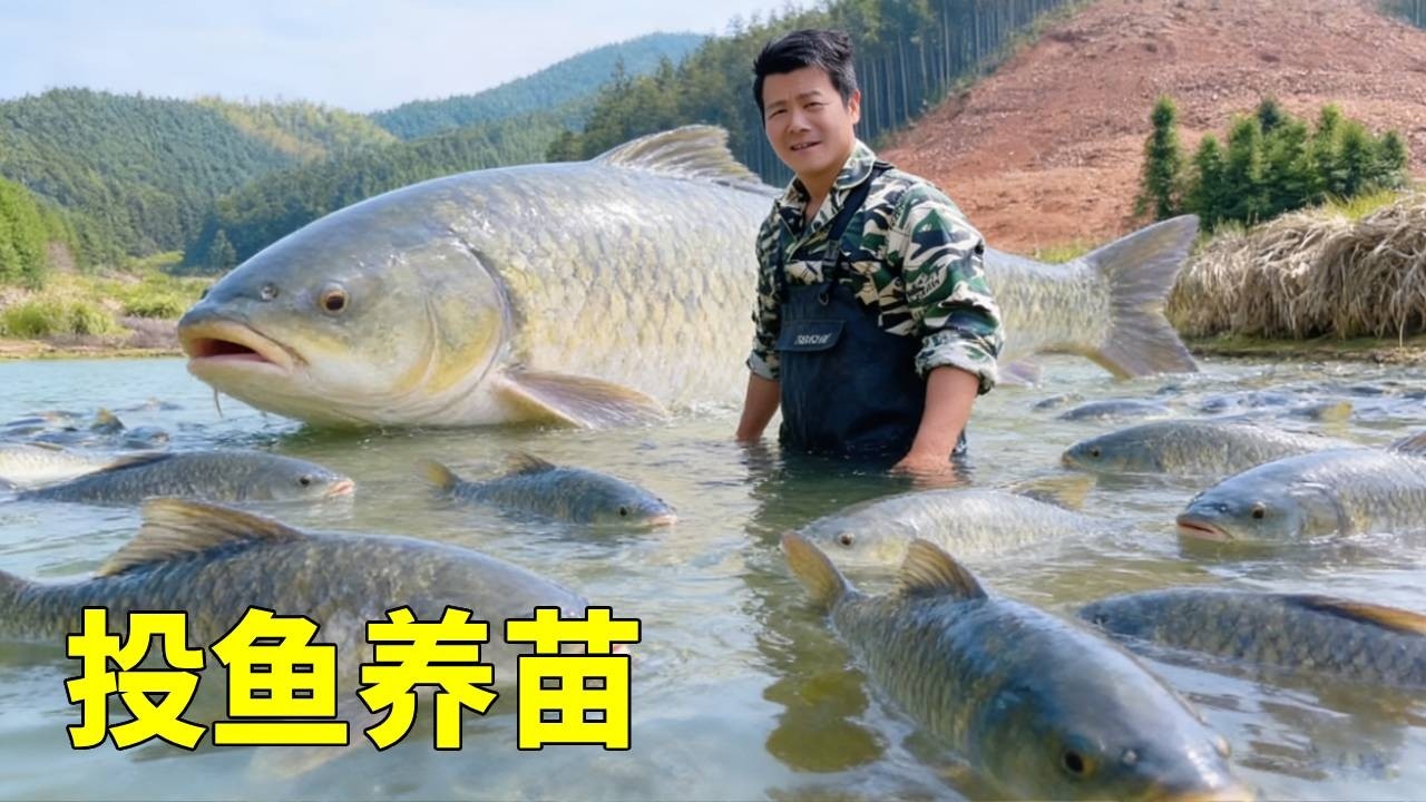 小伙第一次养鱼苗没想到这么成功，捞几百条投放到大鱼塘去，又省了一笔开销#我的乡村生活 #女生解馋小零食 #生活必备平价好物