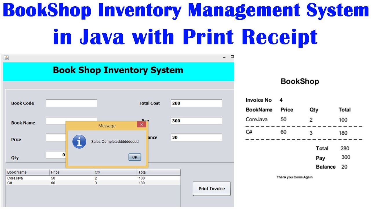 BookShop Inventory Management System in Java with Print Receipt