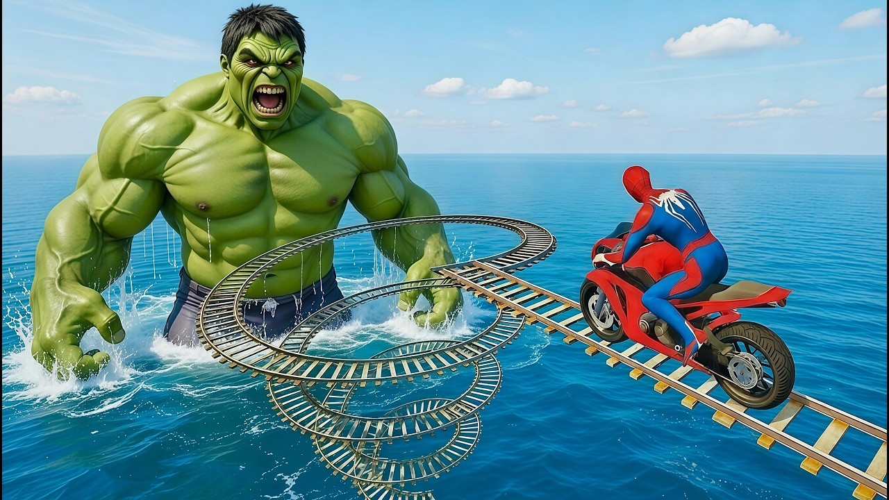 سبايدر مان اصعب دراجة نارية فوق اسماك القرش - Superheroes Ride on Motorcycle Stunt Funny Moments??