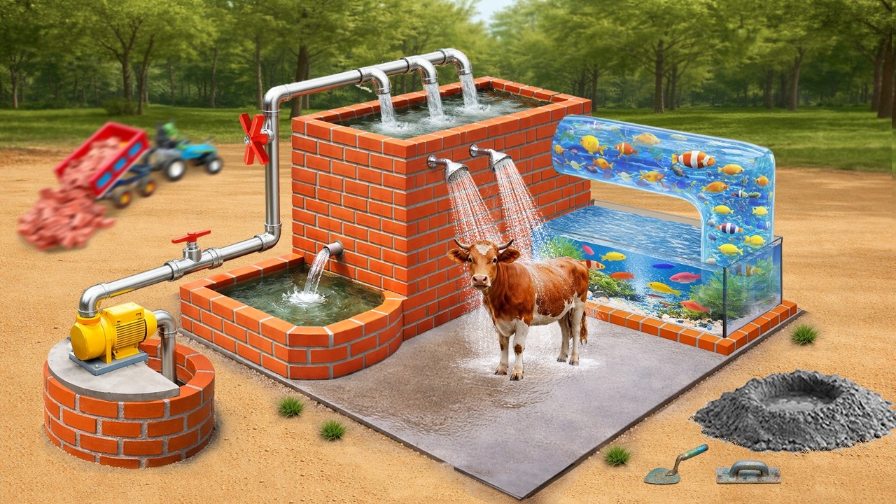 DIY Science Project | How to Build a Mini Brick Water Well and a Fish Pond with a Shower for Cows 🐄💧