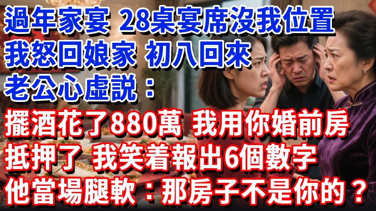 過年家宴，28桌宴席沒我位置，我收拾東西回娘家，初八回家，老公心虛説：擺酒花了880萬，我用你婚前那套房抵押了。我沒鬧，笑着報出6個數字，他當場腿軟：那房子不是你的？#小魚故事會#為人處世#人生感悟