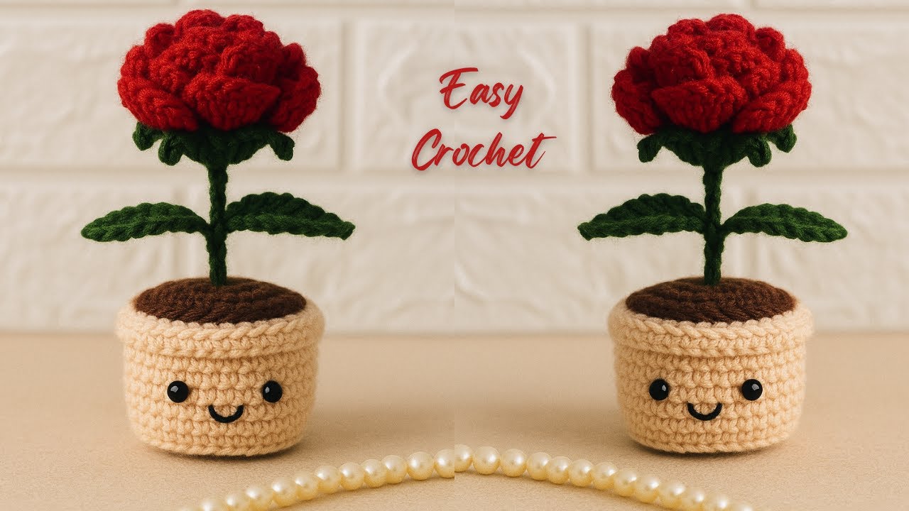 ⚡️🌹How to Crochet a Rose Flower with Pot | Easy Crochet Flower Tutorial (US Terms) for Beginners 💕