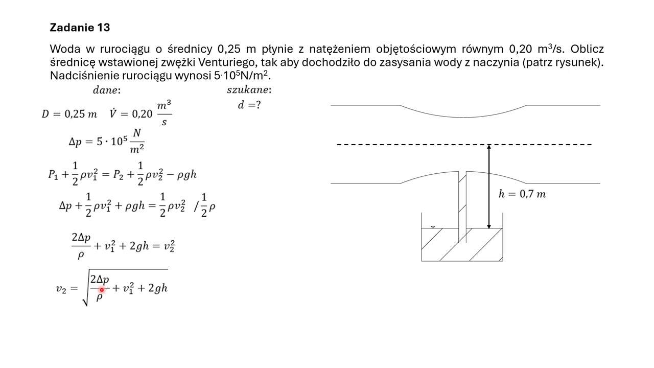 Średnica zwężki Venturiego z zassaniem ,Mechanika płyn&oacute;w zadanie 13
