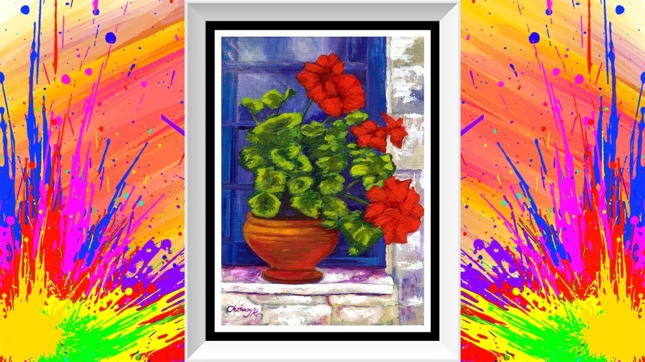 Potted Geranium Flower Acrylic Painting