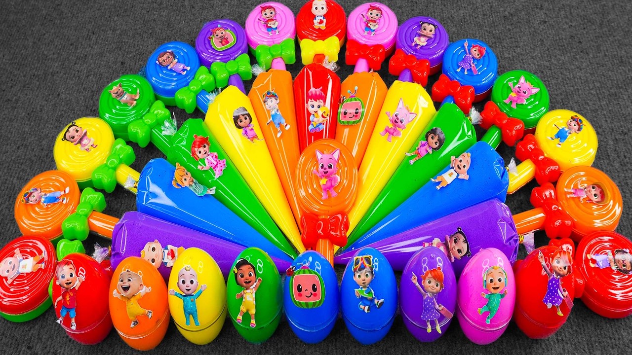 Rainbow Slime: Looking Cocomelon, Pinkfong Hogi, Numberblocks, Alphablocks in Droplets, Eggs, Shapes