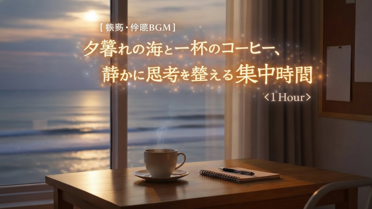 【勉強・作業用BGM】夕暮れの海と一杯のコーヒー、静かに思考を整える集中時間《1 Hour》【作業用BGM / 集中 / リラックス】[No Ads]