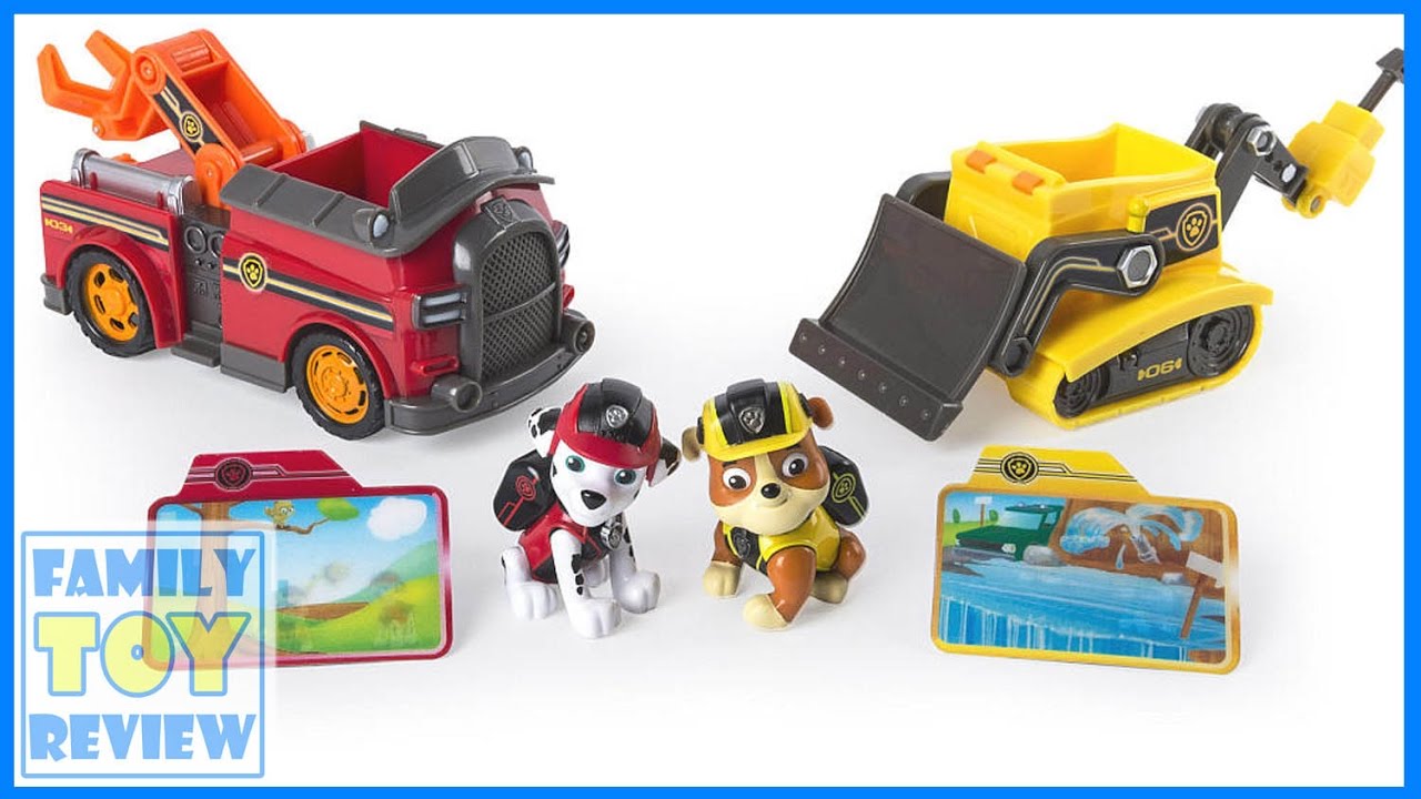 Paw Patrol Toys - Mission Rescue Vehicles with Marshall & Rubble - Mission Paw FireTruck Bulldozer