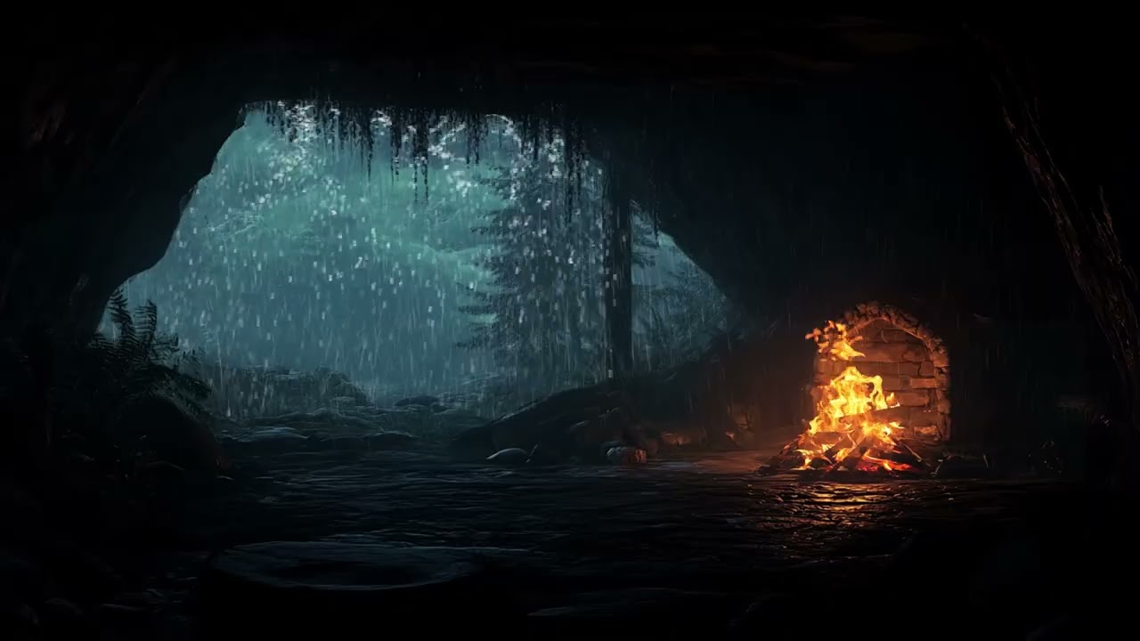 Hidden Cave In Forest On Rainy Night: Campfire, Rain & Thunder Sound For Meditation, Relaxation