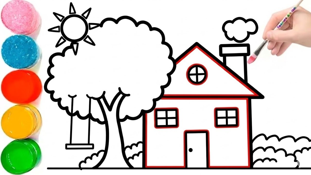 Easy Painting for Beginners 🎨 Step-by-Step Drawing of a House and a Tree with a SwingRainbow Colors!