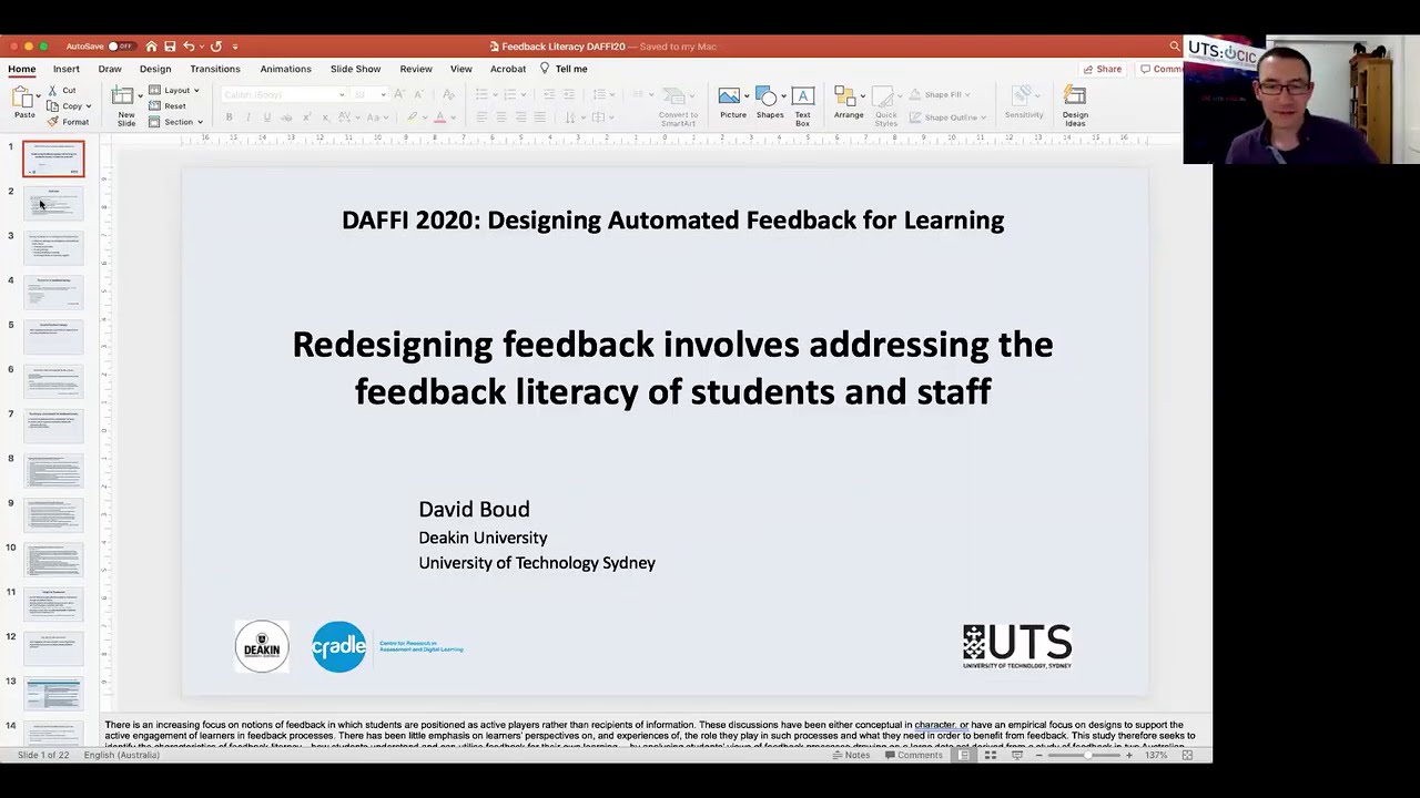 Redesigning feedback involves addressing the feedback literacy of students and staff - David Boud