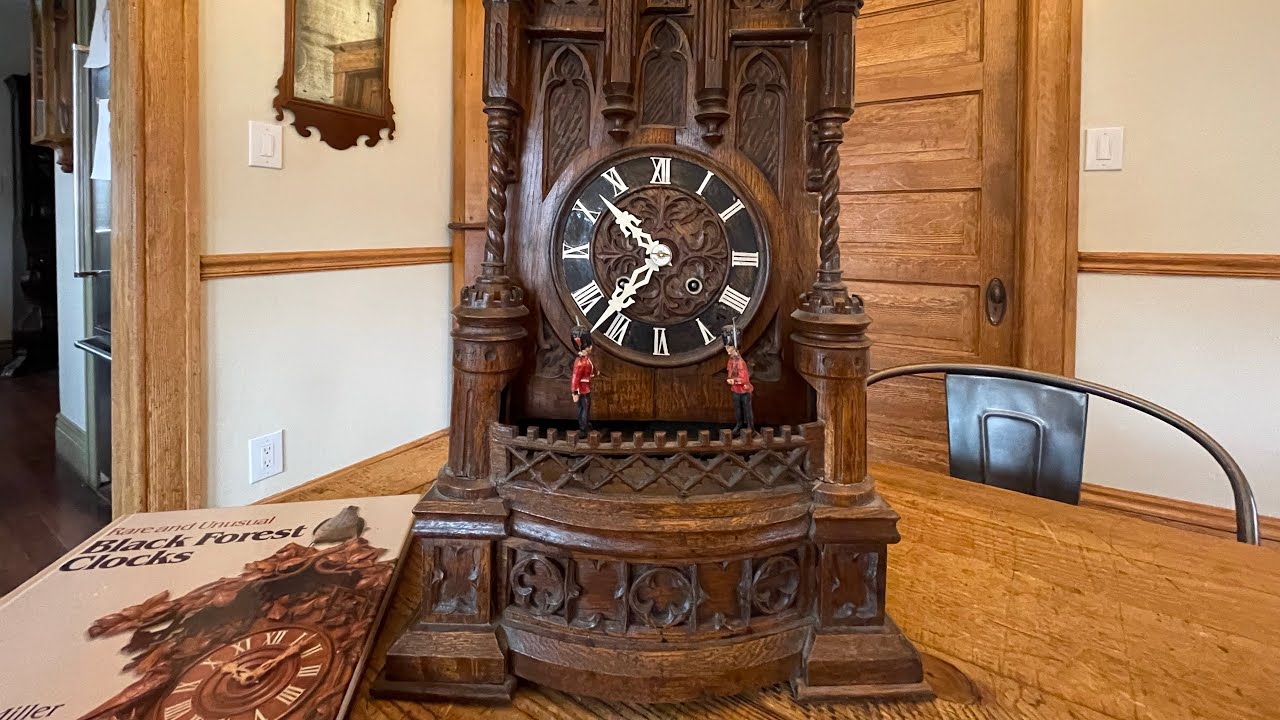 Rare Black Forest Gothic Shelf Cuckoo Clock with Double Sentry Automata Circa 1880