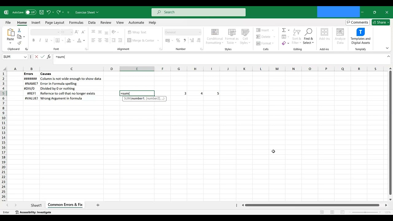 MS Excel - Common Errors & Fixes