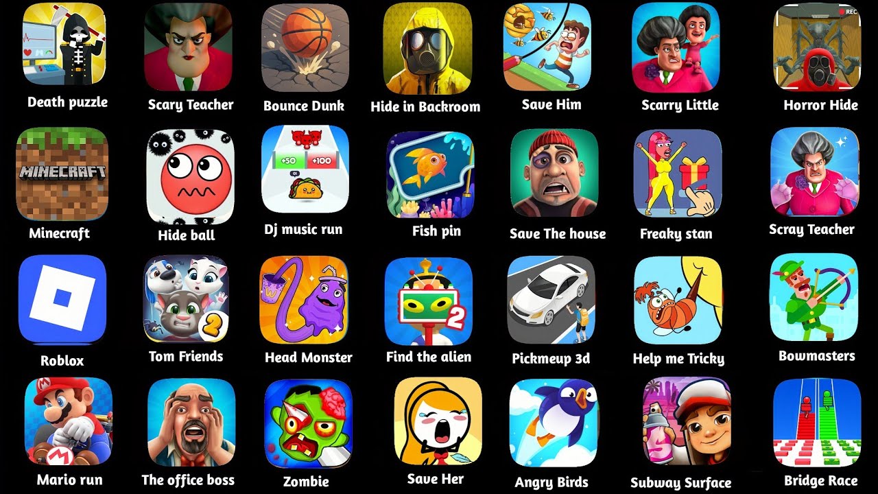 Roblox,Minecraft,Scray Teacher,Death Puzzle,Find the alien,Freaky Stan,Bowmasters,Horror Hide