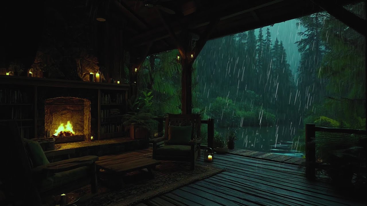 Dive into Relaxation with Rain & Fire Place In Cozy Wooden Cabin 🛖  Deep Sleep with the Calming Rain