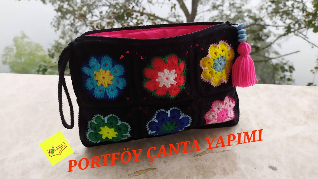 Afrika Menekşesi Motifli Portföy Çanta * Motifli Çanta * Afrika Menekşesi Motif Yapımı * Motif örgü
