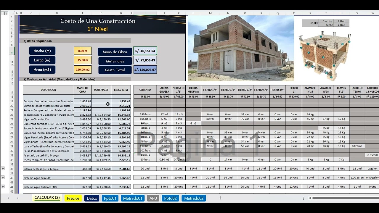 Precio de una construccion de  una vivienda 1° al 5° (Julio2024)
