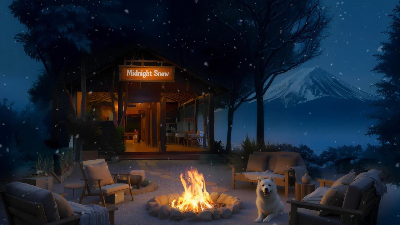 Deep Sleep Guaranteed ❄️ Winter Campfire Night with Snowfall & Snowy Mountain View