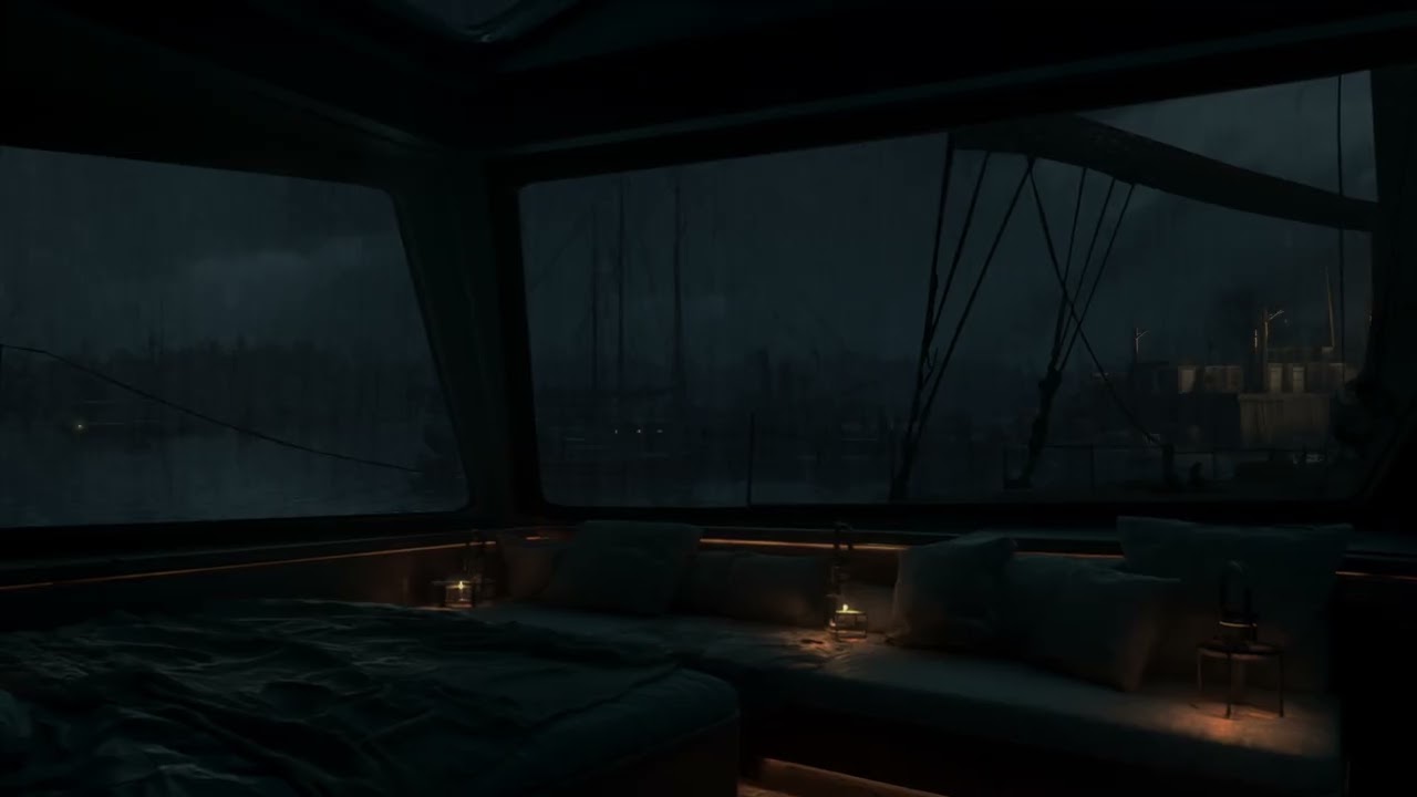 Deep Sleep on Small Boat | Relaxing Heavy Rainstorm & Distant Ocean Waves | Calming Sea Ambience