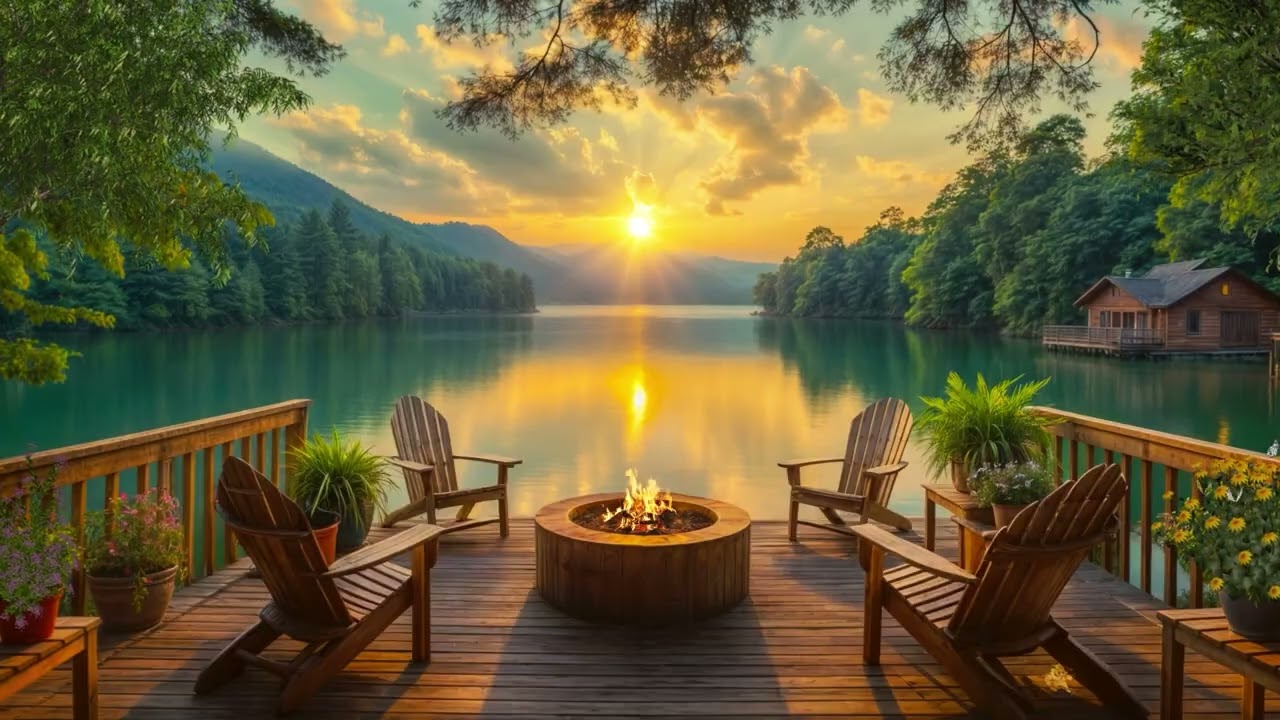 Spring Nature Ambience | Lakeside Campfire with Gentle Birdsong and Flowing Water for Relax