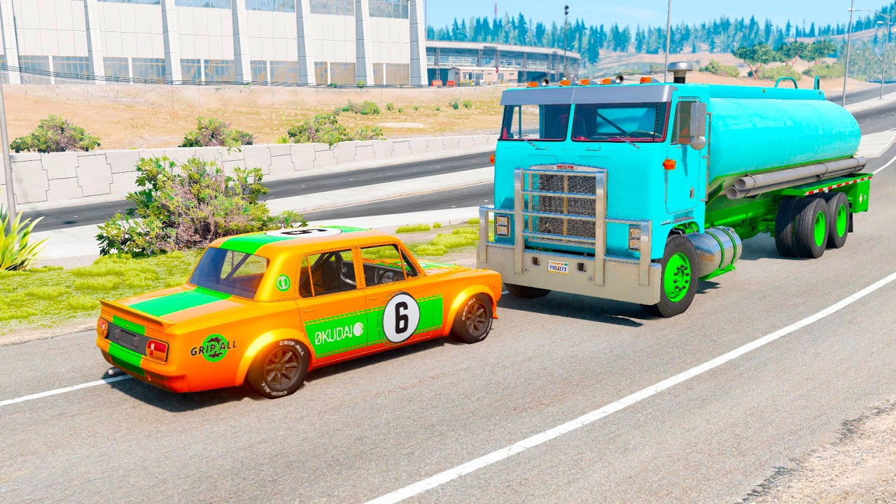 Double Flatbed Trailer Truck vs Speedbumps Train vs Cars | Tractor vs Train Beamng.Drive