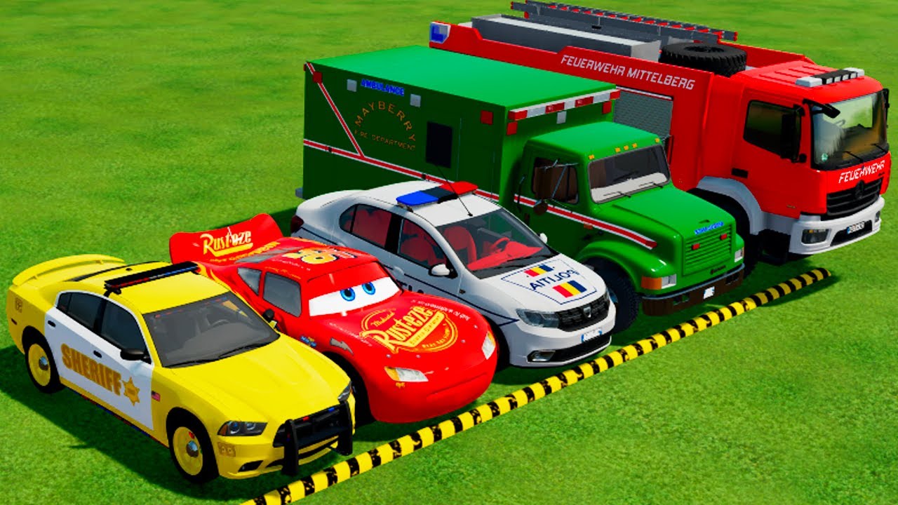 DACIA, MCQUEEN CAR, FORD POLICE CARS, AMBULANCE EMERGENCY TRANSPORTING WITH TRUCKS ! FS22 #2