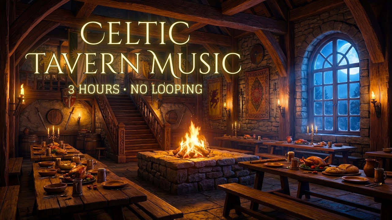 Cozy Celtic Tavern Music | 3 Hours of Fireplace & Winter Ambience for Focus and Study