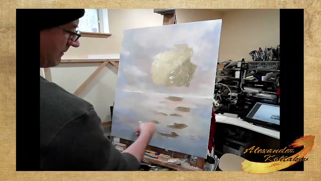 The art is born- "Sailing into the sun #3 ", acrylic and gold leaf on canvas,  24x30" by 