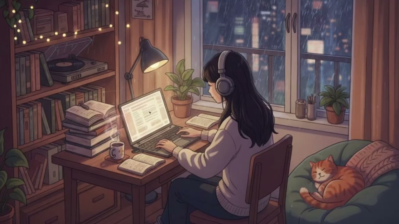 LoFi Focus & Study – Rainy Night Ambience with Typing & Cat Animation 🌧️🐈