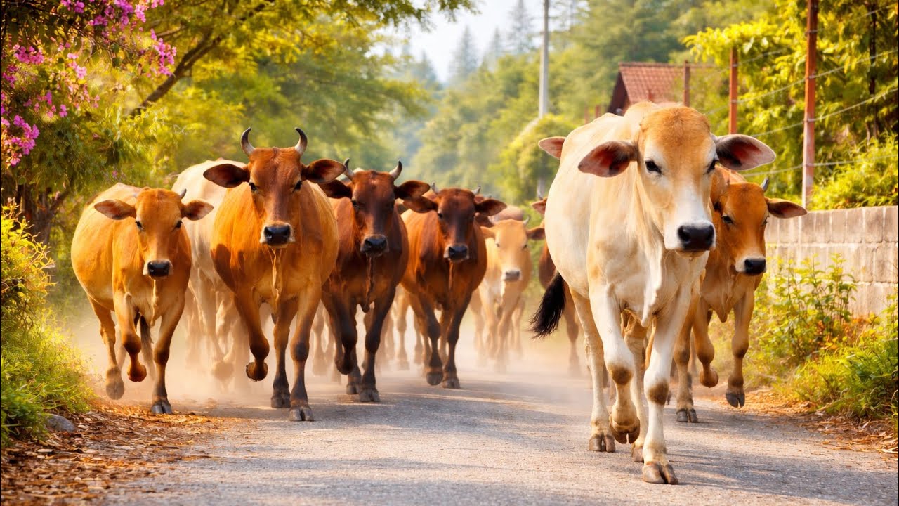 Mengembala puluhan sapi yang berjalan dan main bersama di jalanan pedesaan yang indah dan asri 🐂