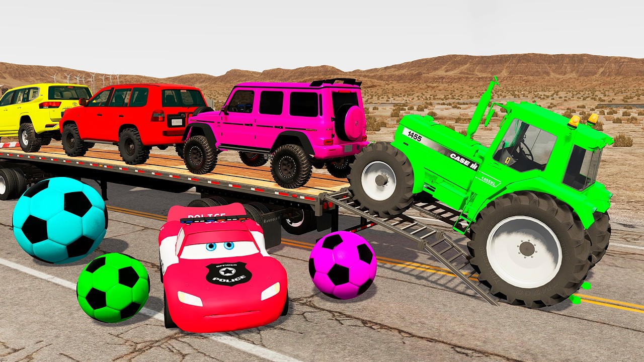 Flatbed Trailer McQueen Transportation with Truck - Speedbumps vs Cars vs Train - BeamNG.Drive #323