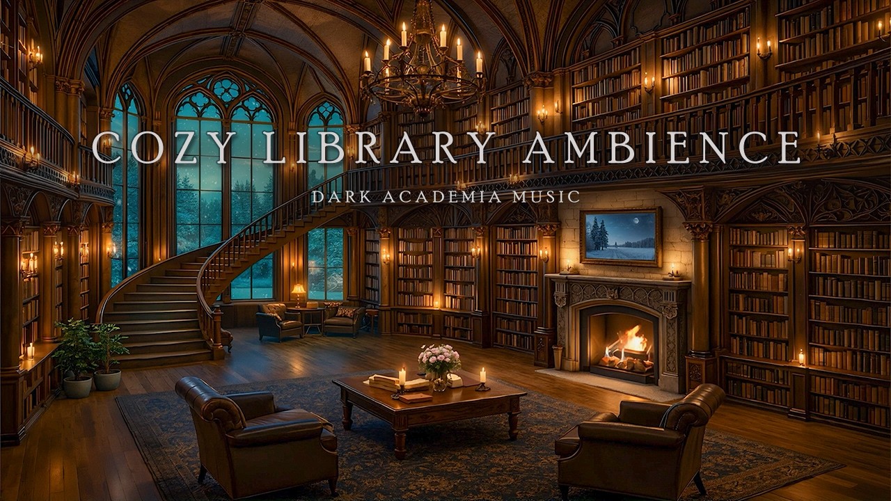 Cozy Gothic Library Ambiene in Winter Night | Relaxing Piano & Violin |Dark Academia Music for Focus