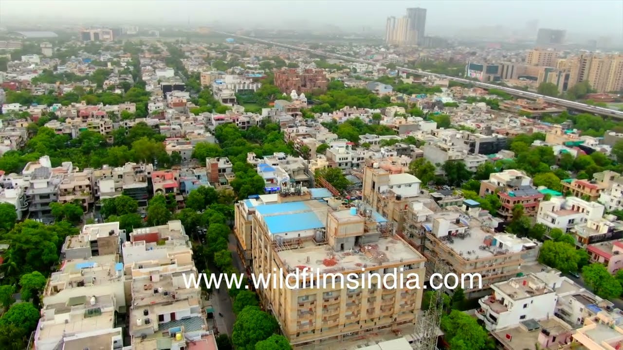 Noida aerial view reveals mixed residential, commercial, farmland, highway infrastructure land use